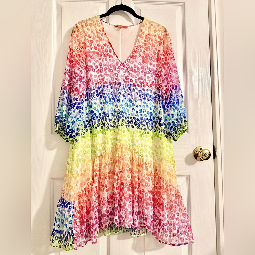 Vilagallo Rainbow Animal Print Tunic Mini Dress 40 4 6 8 White & Metallic Stripe